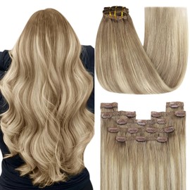 YoungSee Clip in Hair Extensions Brown Balayage Human Hair Clip in Extensions Medium Brown Fading To Brown Mix Platinum Blonde Balayage Clip on Hair Extensions Human Hair Can be Trimmed 12In 7Pcs 80G