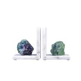 AMOYSTONE Marble & Fluorite Bookends - Heavy Duty L-Shape Book Stopper, Non-Slip, Decorative Crystal Bookends for Home Office Decor(1 Pair, 4-6 lbs)