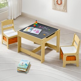 CuFun Kids Table and Chairs Set, 4 in 1 Wooden Kids Table with Reversible Tabletop, Children Activity Table with Removable Tabletop Storage, Toddler Table and Chair Set for Home, Nursery, Playroom