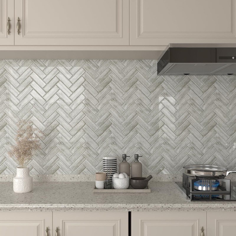 CHIHUT 12''x12'' Grey Wood Look Herringbone Peel and Stick Backsplash