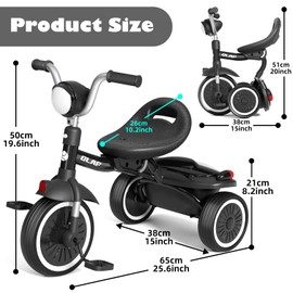 Glaf Toddler Tricycle Toddler Bike with Pedals, Adjustable Seat and Storage Basket, Foldable Kids Tricycle Birthday Gifts for Toddlers 1+ Years Old Boys Girls (Black)