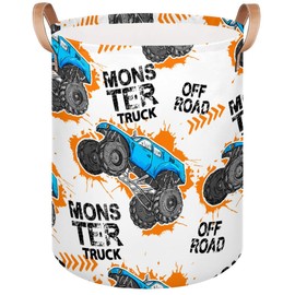 Large Laundry Hamper Basket White Monster Car Trucks Round Collapsible Storage Organizer Bin for Kids, Boys, Nursery, Closet, Bedroom, Playroom, Toys, Dirty Clothes, 16"W x 20"H