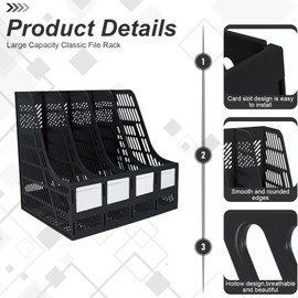 Elezeal A4 Magazine File Holder 4 Vertical Compartments Bookshelf Document Folder File Divider Desk Organizer Paper Box for Office Home Organization and Storage Black