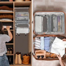 Surblue Travel Hanging Packing Cubes with 2 Hooks Hanging Shelves for Luggage Organizers Portable Compression 4 Shelf Closet Carry-on Suitcases Organizers, Medium, Lightgrey