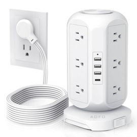 Tower Power Strip Flat Plug with 12 Outlets 4 USB(1 USB C),AOFO Surge Protector Charging Station with Overload Protection, Widely Spaced Multiple Outlets 10Ft Extension Cord for Home, Dorm,Office