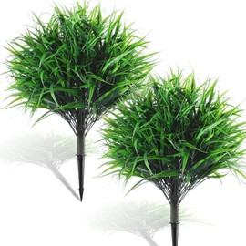 Daifunli Set of 2 Artificial Plants Outdoor 24" Fake Plants Monkey Grass Topiary Ball, Faux Grass with Ground Spike, UV Resistant Plastic Greenery Bush Shrub for Indoor Front Porch Patio Garden Decor