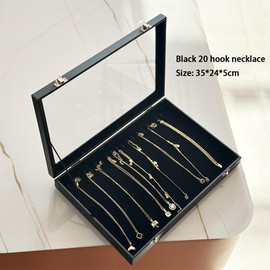 Aegistus Jewellery Organiser Necklace Box, Velvet Necklace Organiser with Clear Lid, Necklaces Display Stand with 20 Hooks and Lockable, Jewellery Box Insert for Necklaces (Black)