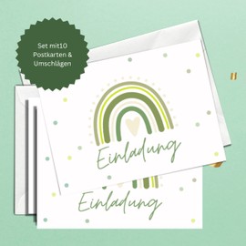 Briefzauber Children's Birthday Invitation Set with Cards & Envelopes (Rainbow Green, Pack of 10)