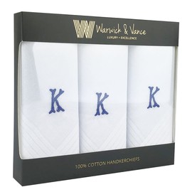 Warwick & Vance 3 Pack Of Mens/Gentlemens White Satin Bordered Handkerchiefs With Blue Embroidered Initials, Letter K
