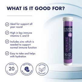 Higher Nature - Immune Effervescent - Easy to Take Immune Support - Vitamin C, D & Zinc - No Artificial Sweeteners – Blackcurrant and Elderberry Flavour - 20 Tablets