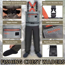 JUSTOOP Fishing Chest Waders for Men and Women, 3-Ply Breathable Waterproof Hunting Waders with Pockets and Neoprene Stocking, Size S