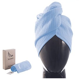 SELARUS Turkish Cotton Hair Towel Wrap for Women,Not Microfiber,Super Absorbent,AntiFrizz,Quick Hair Drying Waffle Weave Towels for Curly,Long Thick Hairs,Turban Head Drying Towels,1Pack10x26inc(blue)