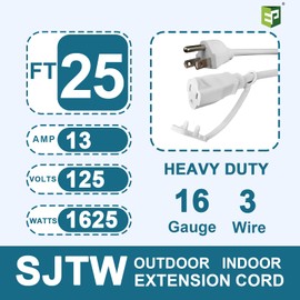 EP Outdoor Extension Cord 1 to 3 Splitter, Max 13ft End to End (25FT Total), 3 Prong Outlets Plugs, 16/3 SJTW Weatherproof Wire for Christmas Landscape String Lights, White