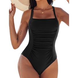 AI'MAGE Womens One Piece Swimsuits Tummy Control Ruched Slimming Bathing Suit Vintage Retro Push Up Swimwear Black