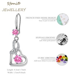 Drop Earrings for Women, Hypoallergenic Silver Dangly Earrings with Cubic Zirconia Twisted Linear Infinity Love Earrings Birthstone Jewellery Gifts for Her Birthday Anniversary Christmas, Pink Stone