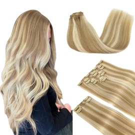 DOORES Human Hair Extensions Clip in, Dark Blonde Highlighted Bleach Blonde 150g 9pcs 22 Inch, Clip in Hair Extensions Real Natural Hair Extensions Thick Hair Extensions Natural Silky