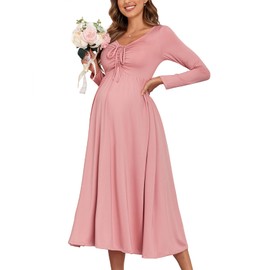AISWI 2024 Maternity Tie Front Ruched Nursing Dress A Line Long Sleeve V Neck Swing Pregnancy Maxi Dresses, Dusty Pink, Large
