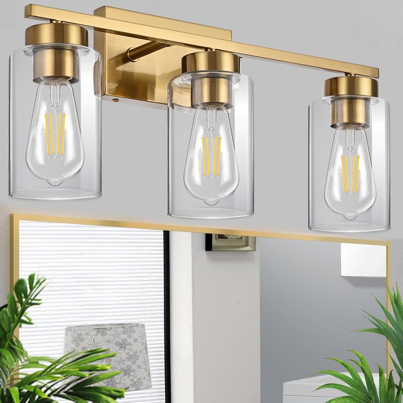 A1A9 3-Light Bathroom Vanity Light, Modern Brushed Gold Wall Lights