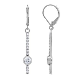 Silvershake Round Shape Cubic Zirconia White Gold Plated 925 Sterling Silver Minimalist Long Journey Vertical Bar Fashion Leverback Dangle Earrings April Gemstone Birthstone Jewelry for Women,