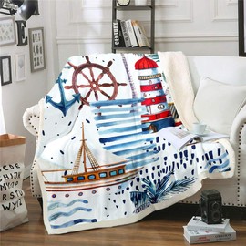 Loussiesd Nautical Decor Fleece Blanket for Chair Sofa Couch Sailboat Anchor Rudder Sherpa Blanket Ocean Themed Fuzzy Blanket Palm Leaf Plush Throw Blanket Sea Adventure Single 50"x60"