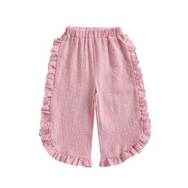 Toddler Baby Girls Pants Striped Ruffle Losse Bubble Seersucker Elastic Waist Long Pants (Red, 2-3 Years)