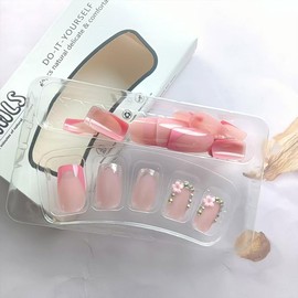 24Pcs Pink French Tip Press on Nails Medium Square Fake Nails with Rhinestone Nails Tips Design Pink Glue on Nails 3D Flower Charms False Nails Coffin Stick on Nails Spring Artificial Acrylic Nails