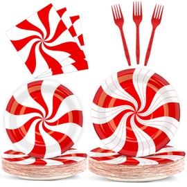 100Pcs Christmas Candy Cane Party Plates and Napkins Party Supplies Peppermint Party Tableware Set Red and White Striped Christmas Winter Party Decor Favors for Holiday Xmas Theme Party Serves 25