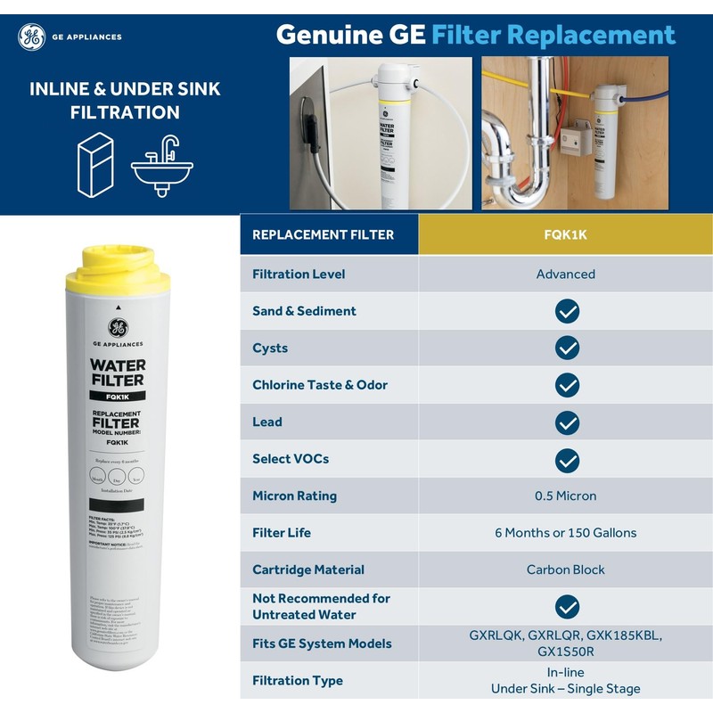 GE Under Sink Water Filter Replacement, Reduces Sediment, Rust &