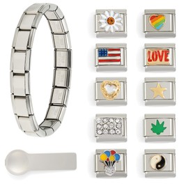 UILZ Italian Charms Bracelet Sets with Starter Brascelet, Assorted Charms and Opening Tools,9mm Modular Handmade Bracelet DIY Module Italian Charm-LOVE