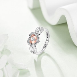 Miscarriage Ring Sterling Silver Mommy of an Angel Ring Angel Wing Heart Footprint Memorial Jewellery Gifts for Mom Women-Size 7