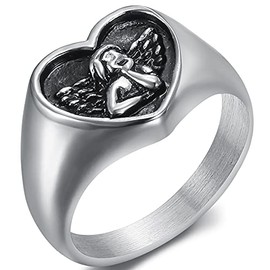 Jude Jewelers Stainless Steel Heart Shaped Signet Style Angel Pattern Statement Promise Wedding Ring (Silver, 8)