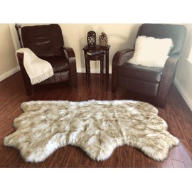 LAMBZY Genuine Sheepskin Silky Area Rug - Thick Strong Bottom Texture Washable Stain Resistant Faux Rug - Perfect for Children Living Room, Bedroom Decoration Usage-3' x 4'4",90x135cm, White/Brown