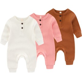 Newborn Baby Boys Girls One Piece Romper With Mitten Cuffs 3 Pack Long Sleeve Ribbed Button Jumpsuit Outfit Clothes white+pink+tan 12 months