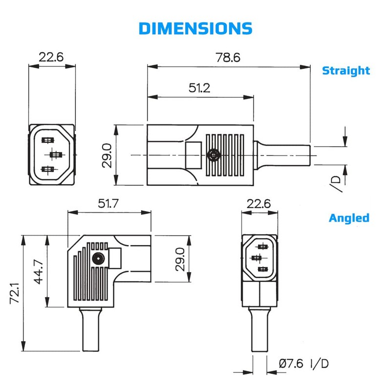 Reusable C14 IEC Connector, White, Straight - Socket Adapter Connector