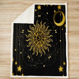 Sun Moon Fleece Throw Blanket Star Sherpa Blanket Decor Gold Black Plush Blanket Galaxy Fuzzy Blanket for Sofa Bed Couch Bedroom Cosmic Celestial Fuzzy Blanket for Sofa Bed Couch,Queen 90x90 Inches
