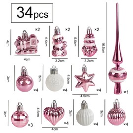 Set of 34 Christmas Baubles with Tree Topper, Diameter 3/4.5/5.5 cm, Small Christmas Tree Baubles, Plastic Rose Gold Balls, Mini Christmas Decoration, Table Decoration, Christmas Tree Decoration