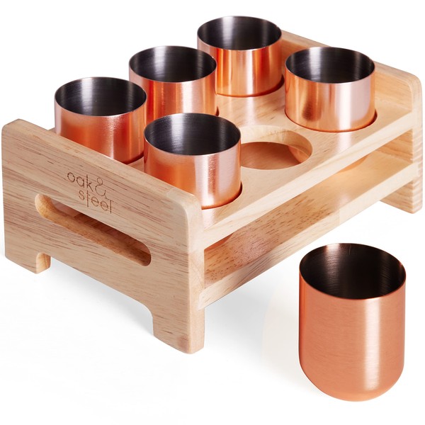 OS Oak & Steel ENGLAND 6 x 50ml Rose Gold Stainless Steel Shot Glasses with Quality Drink Holder