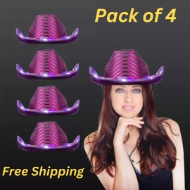 Party Glowz PURPLE SEQUIN Light Up LED Flashing Cowboy Hat with SEQUINs WHITE LEDS, Cowgirl