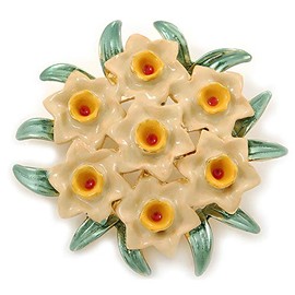 Green/Nude/Yellow Enamel Daffodil Wreath Brooch In Gold Plating - 45mm Diameter