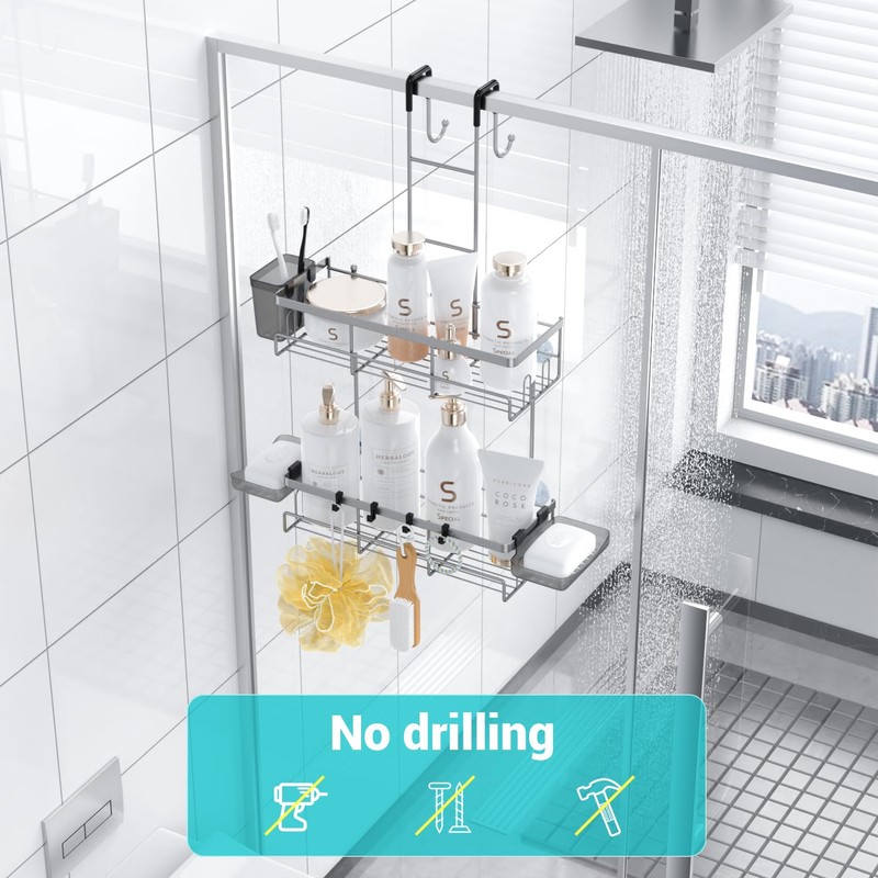 Hanging Shower Caddy Over Door: Silver Rustproof Shower Organizer over