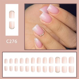 Square Press on Nails Short French Nude Fake Nails Glossy Reusable Glue on Nails with Rhinestones Designs Natural Artificial Acrylic False Nails Full Cover Stick on Nails for Women Static Nails 24pcs