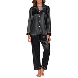 GAESHOW Women Silk Pajamas Set Long Sleeve Ladies Satin PJ Sets Button-Down Pajama Sleepwear Loungewear S~XL (CA/US, Alpha, Large, Regular, Regular, Black)