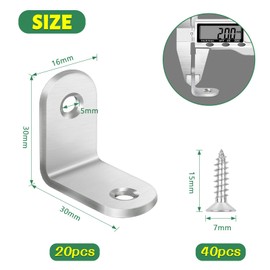 Bolatus 20pcs Angle Corner Brackets 30x30x16mm Stainless Steel with Screws for Wood, Shelves, Furniture