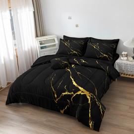 Merryword 8 Pcs Bed in a Bag Comforter Set - California King Size Black Gold Marble Bedding Set