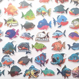 Generic 50Pcs Angry Piranha Sticker Funny Fishing Rod Decals Terrible Bonfish Decal Fishing Decals for Trucks Canoe Boats