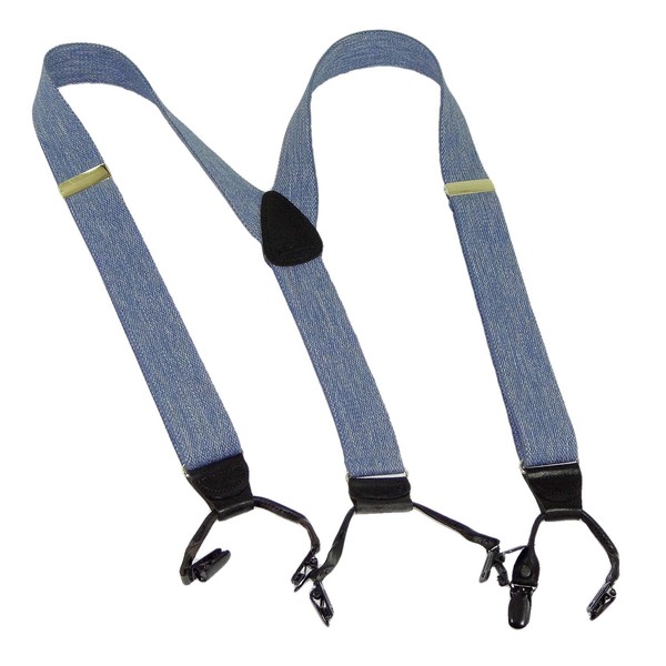 Holdup Suspender Company - Tirantes en forma de Y con doble clip de 3,8 cm de ancho, color azul vaquero y clips antideslizantes negros patentados