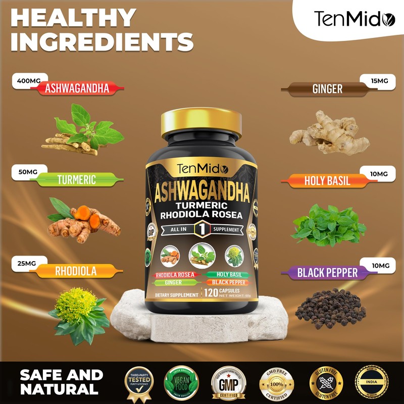 Tenmido Ashwagandha Supplements - 6in1 with Turmeric, Rhodiola, Ginger, Holy