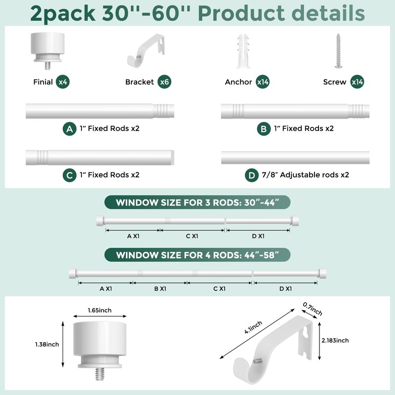 VOIIY 2 Pack Curtain Rod 30-60 Inch, White 1 Inch