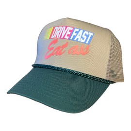 Drive Fast Eat Ass Hat Snapback Trucker Hat for Men or Women, Vintage Fit with Funny Novelty Graphic, Custom Green Beige Hat