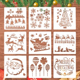 Pack of 9 Christmas Stencils, Large Drawing Stencils Painting Stencils Made of Plastic, Reusable Stencils, Christmas Tree Santa Claus Snowflake Elk Template for DIY Decoration